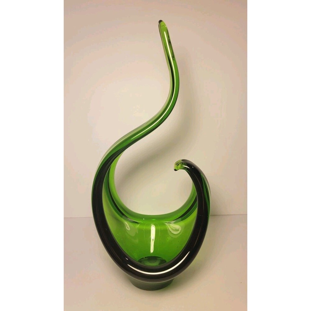 Green Glass Abstract Art Sculpture 11.5"H Dish Bowl Statue Swirl Twist Vase